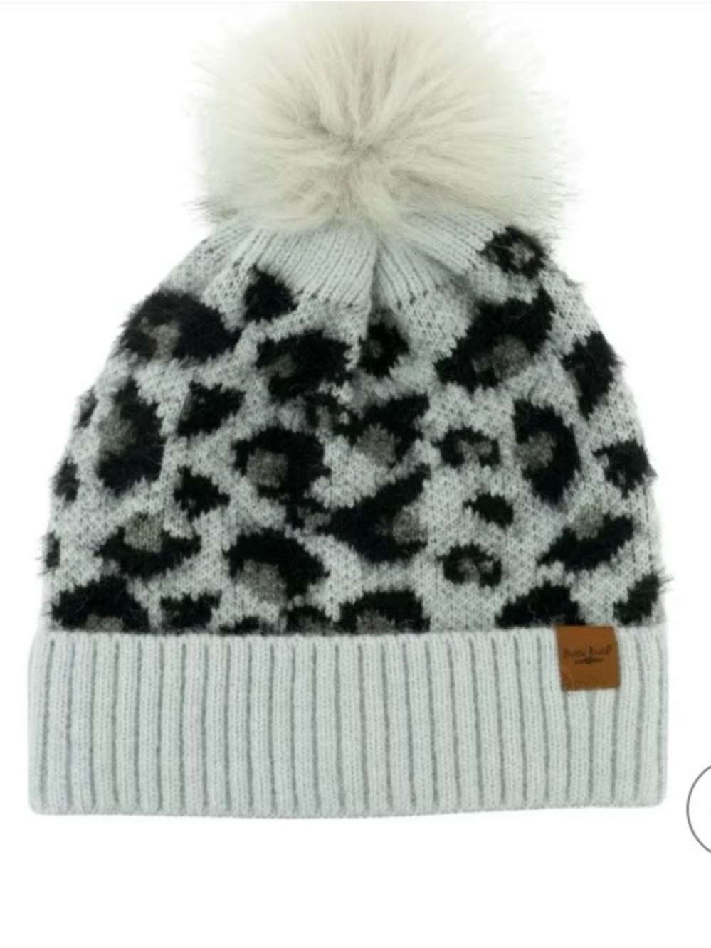 Britt’s & Knots Faux Fur Pom Leopard Knit Beanie - Light Gray NWT